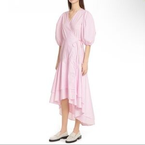 GANNI Wrap Midi Pastel Pink Poplin Floral Cherry Blossom Puff Sleeve Dress